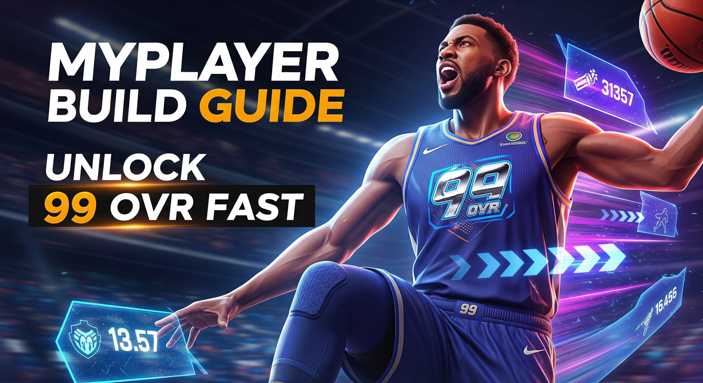 Basketball player beside a 99 overall build guide headline