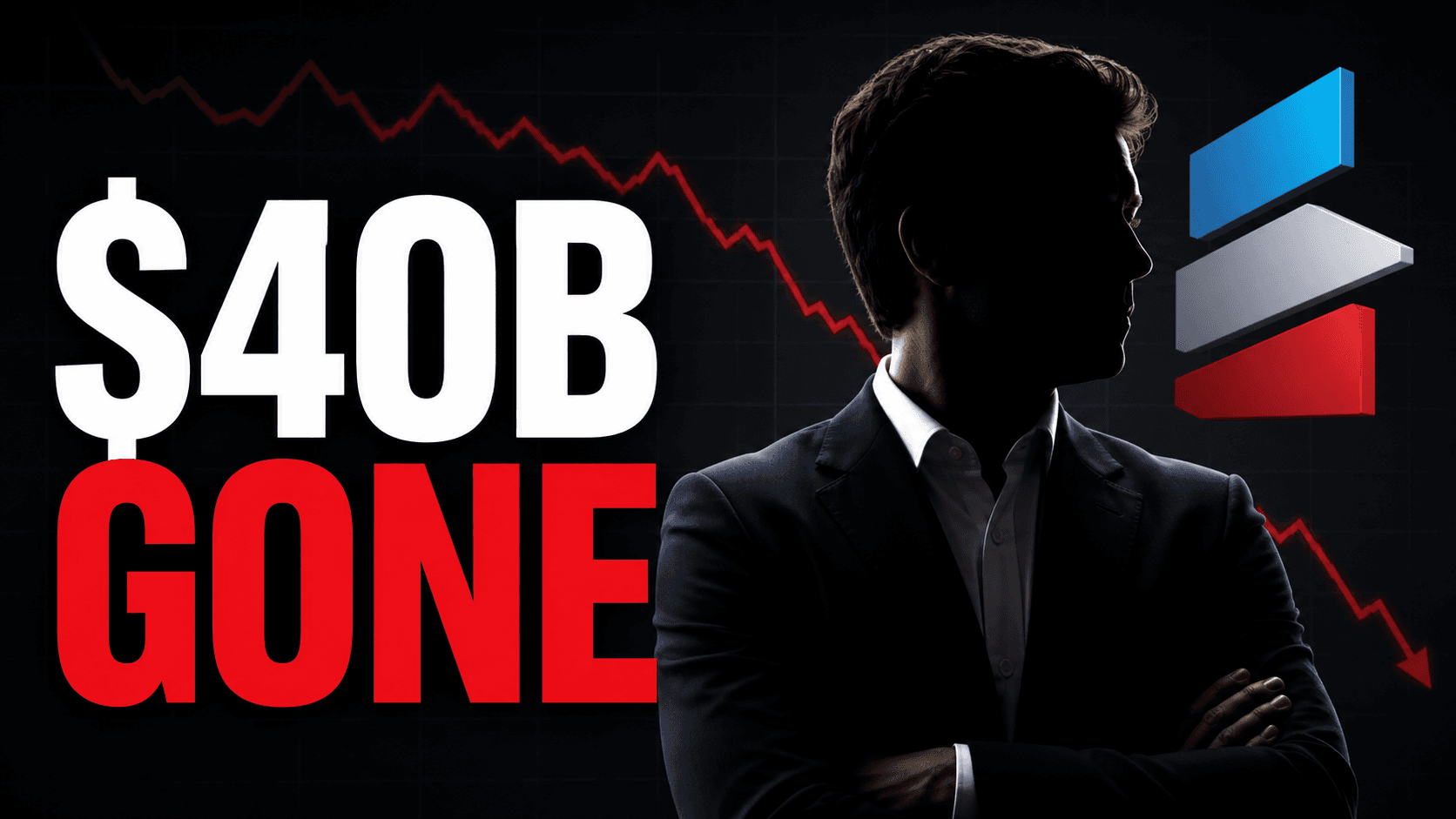 Business presenter beside a falling chart and a company loss headline