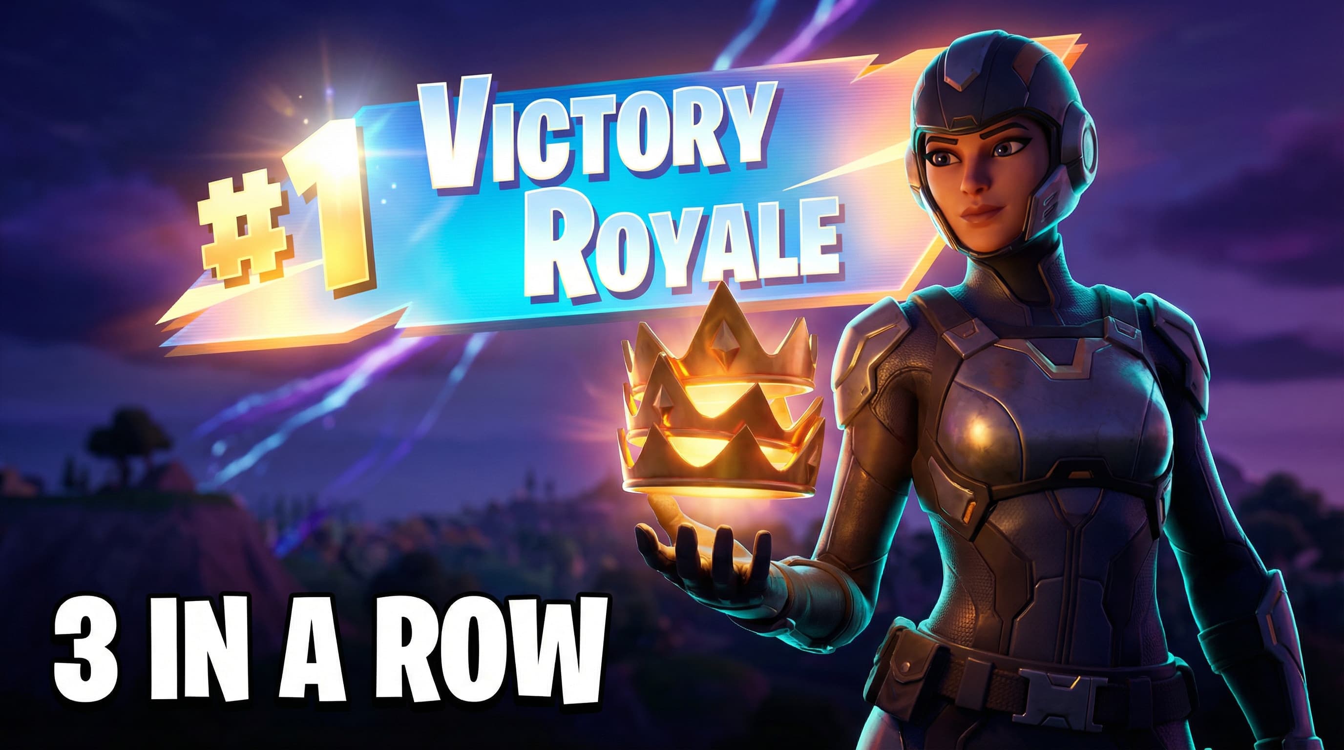 Fortnite thumbnail with a character, a Victory Royale banner, and the words 3 in a row