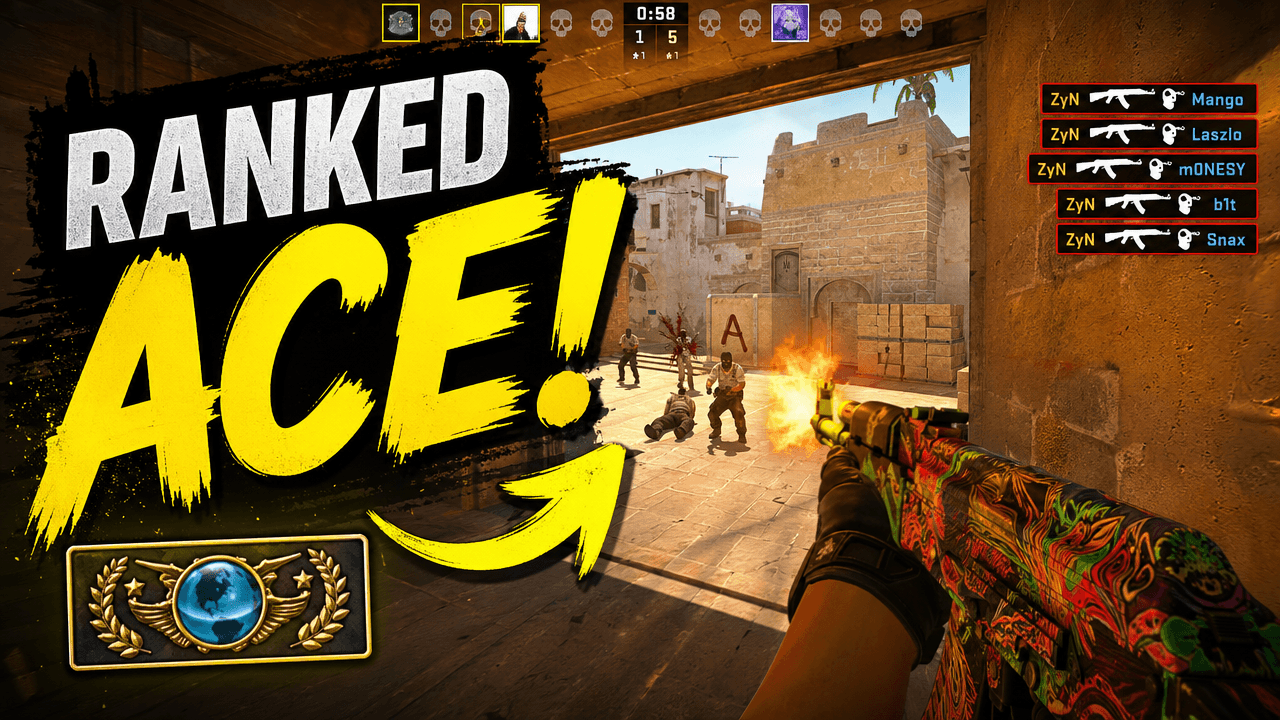 CS2 thumbnail with a first-person weapon, a ranked badge, and the words Ranked Ace
