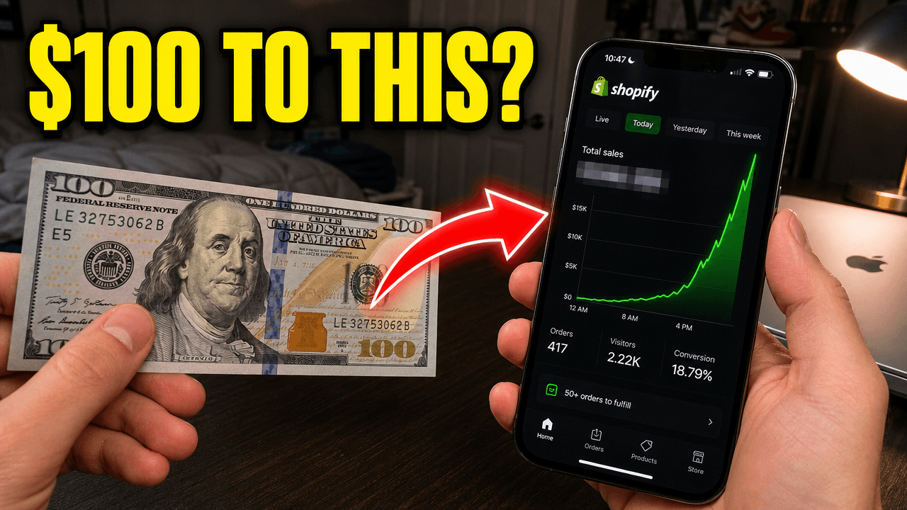 Faceless thumbnail idea for a business story: hands holding cash and a phone showing a rising sales chart