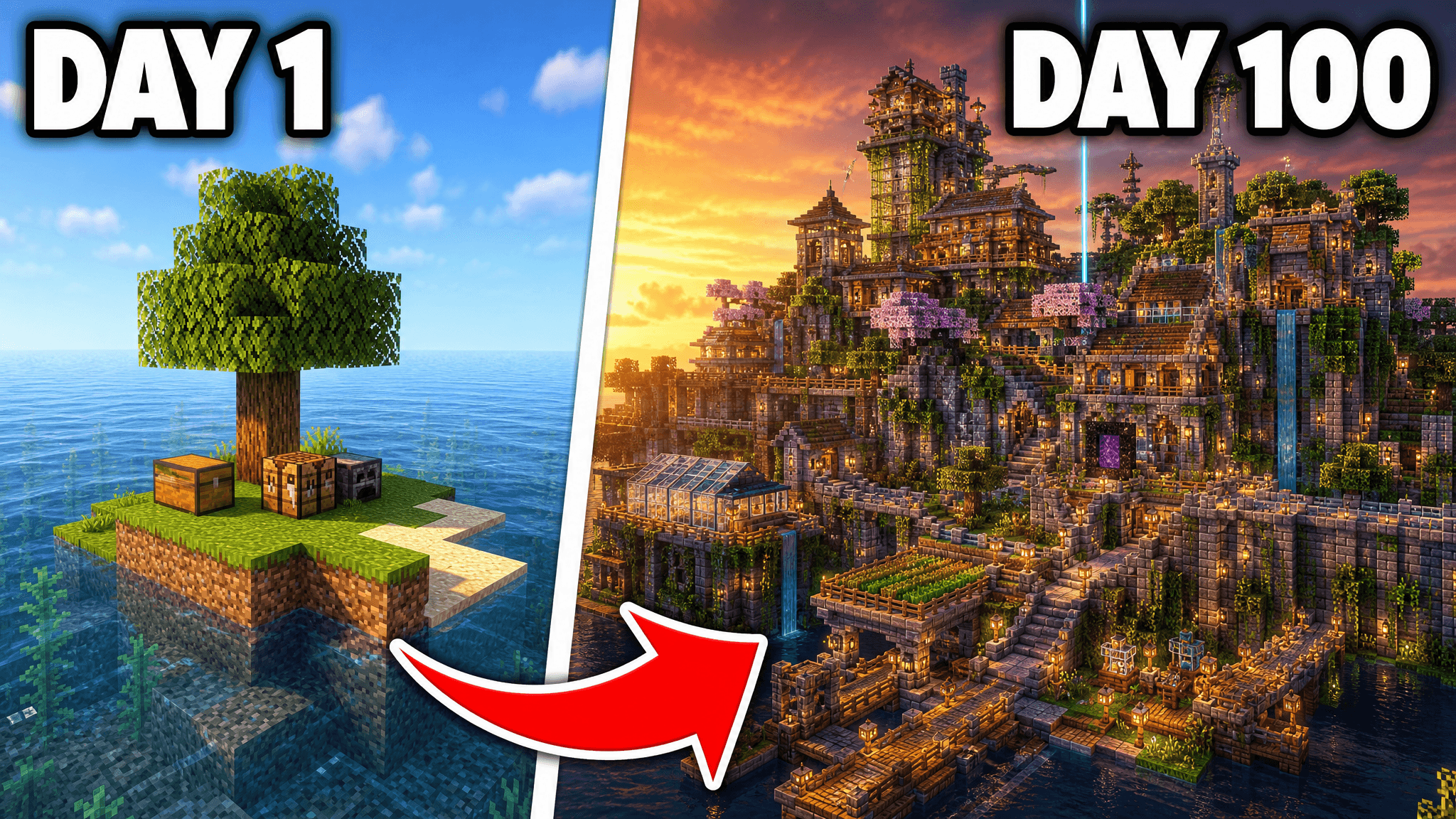 Minecraft challenge showing a Day 1 island and a Day 100 castle