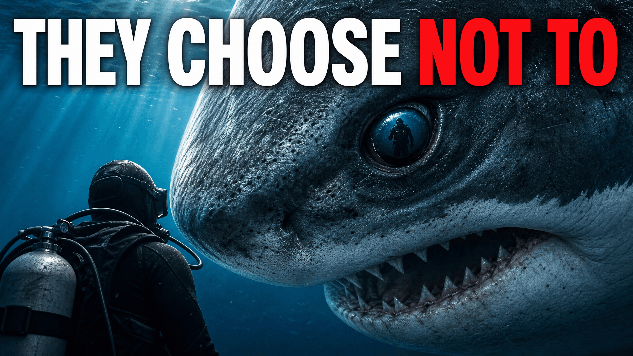 Wildlife thumbnail with a diver beside a large shark and the headline They Choose Not To