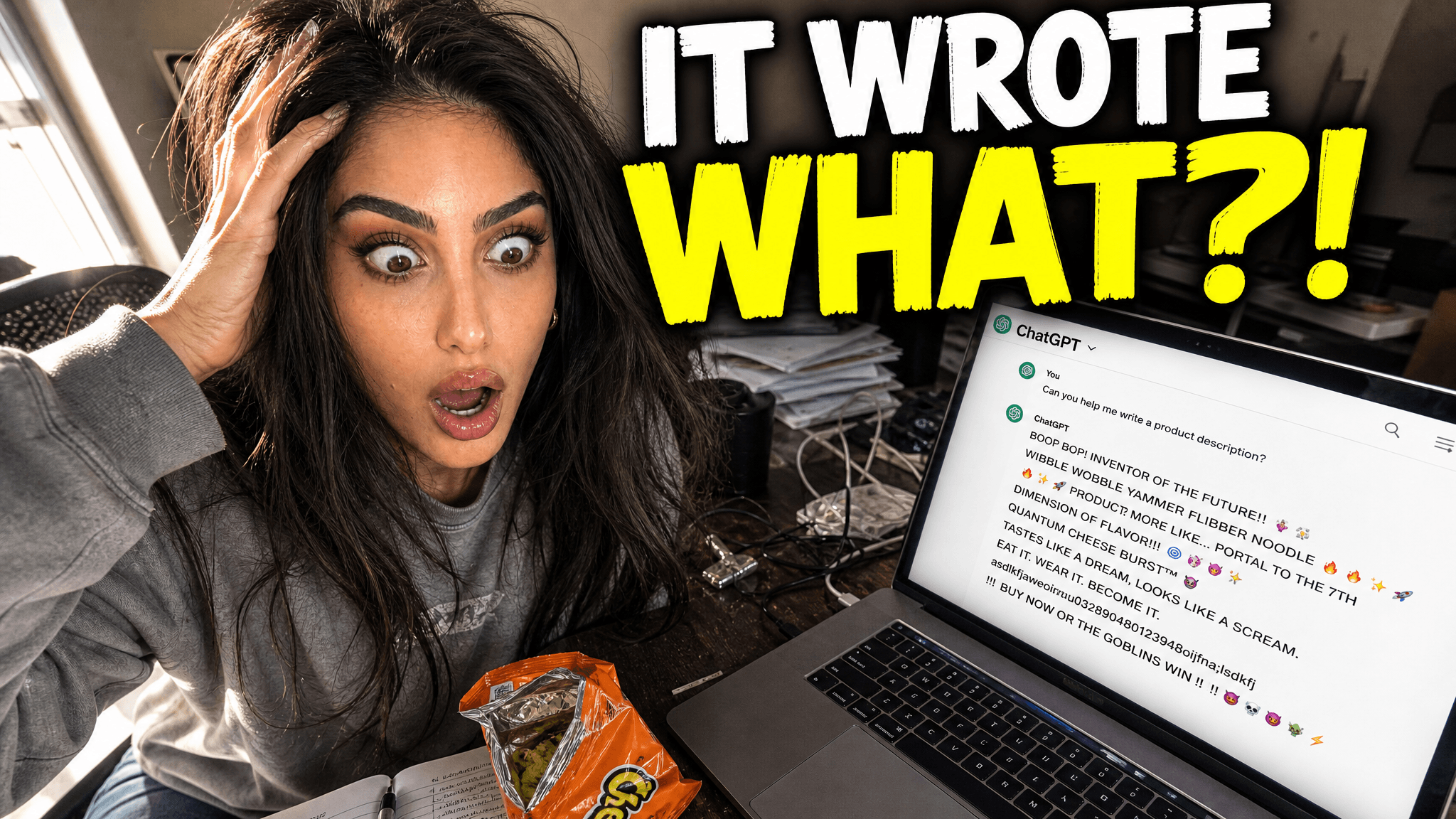 AI email experiment thumbnail with a surprised creator beside an open email on a laptop