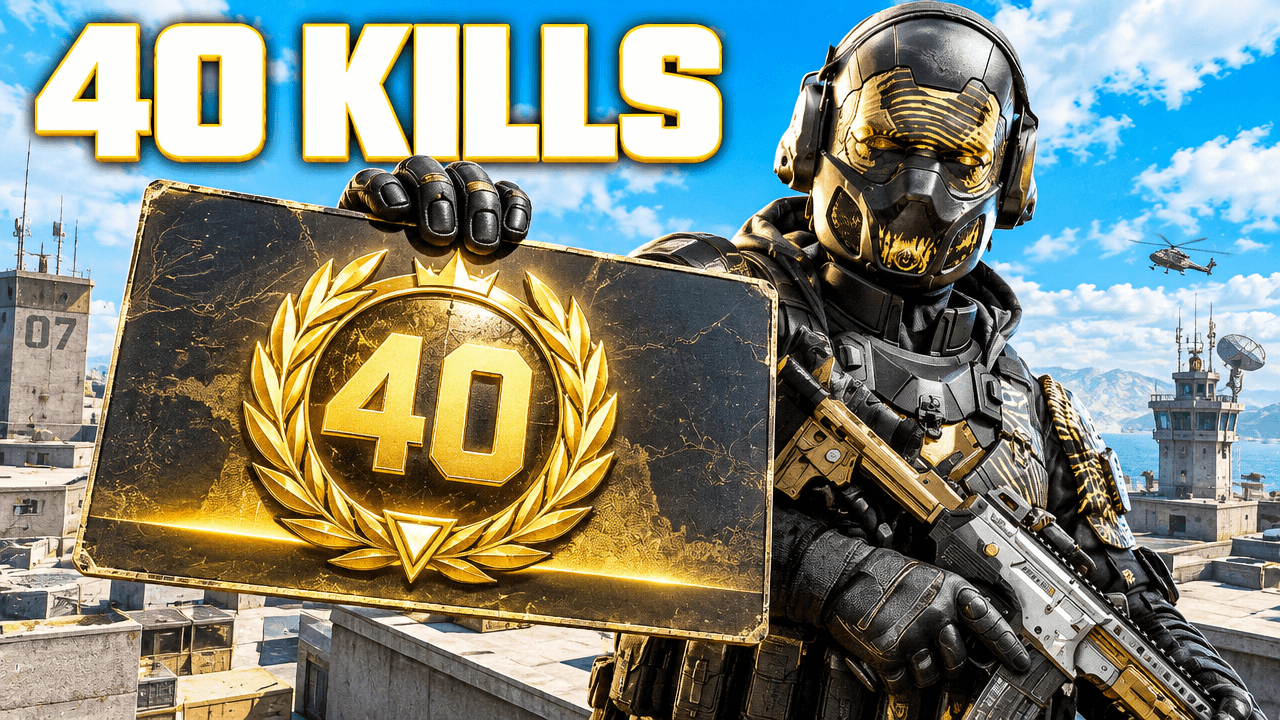 Gaming thumbnail with an armored character, a victory badge, and a large 40 kills headline