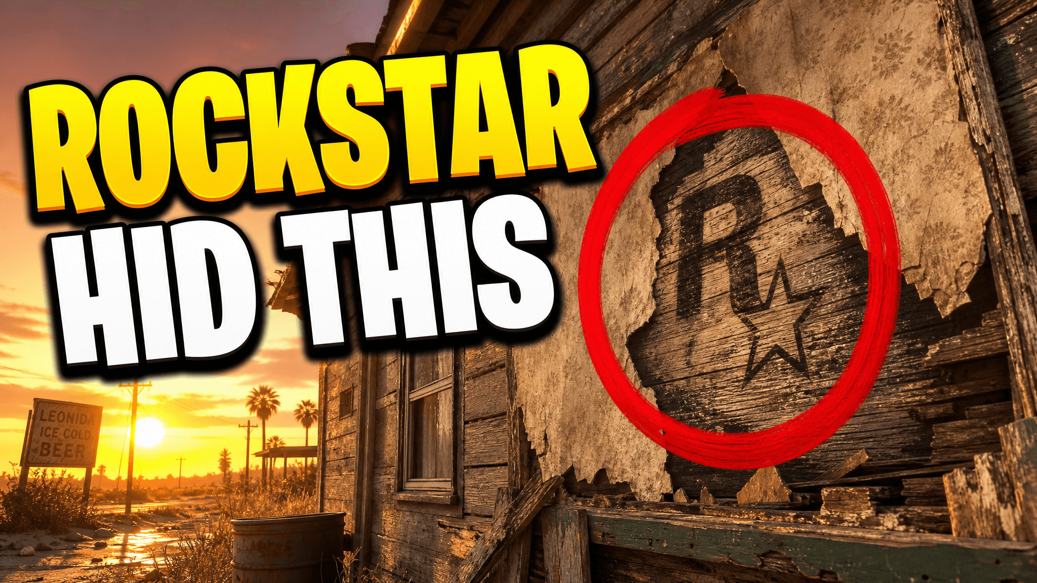 GTA 6 thumbnail with a circled Rockstar logo on a rock face and three words of text