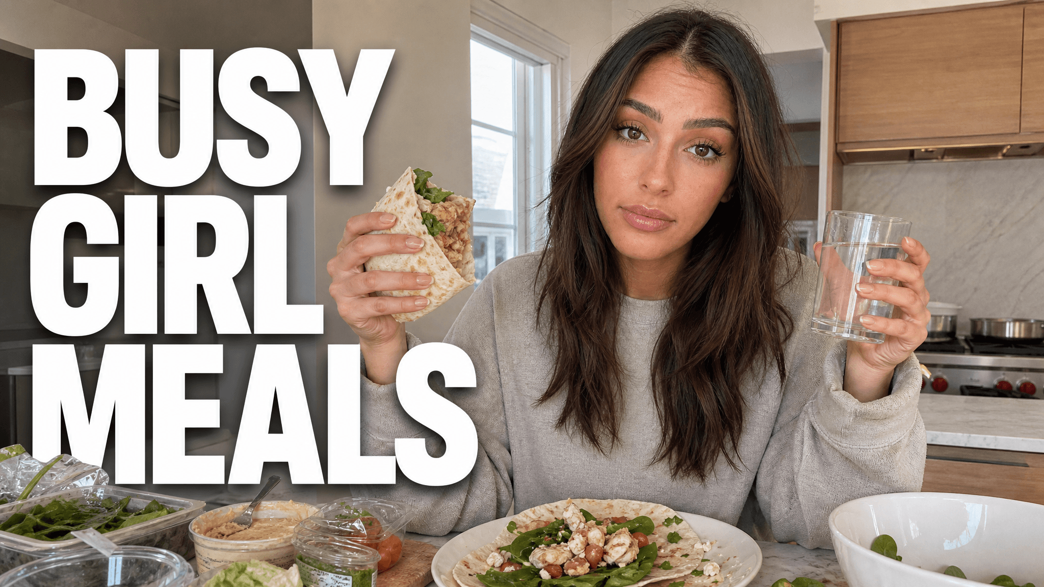 Fitness creator holding a meal beside a Busy Girl Meals headline
