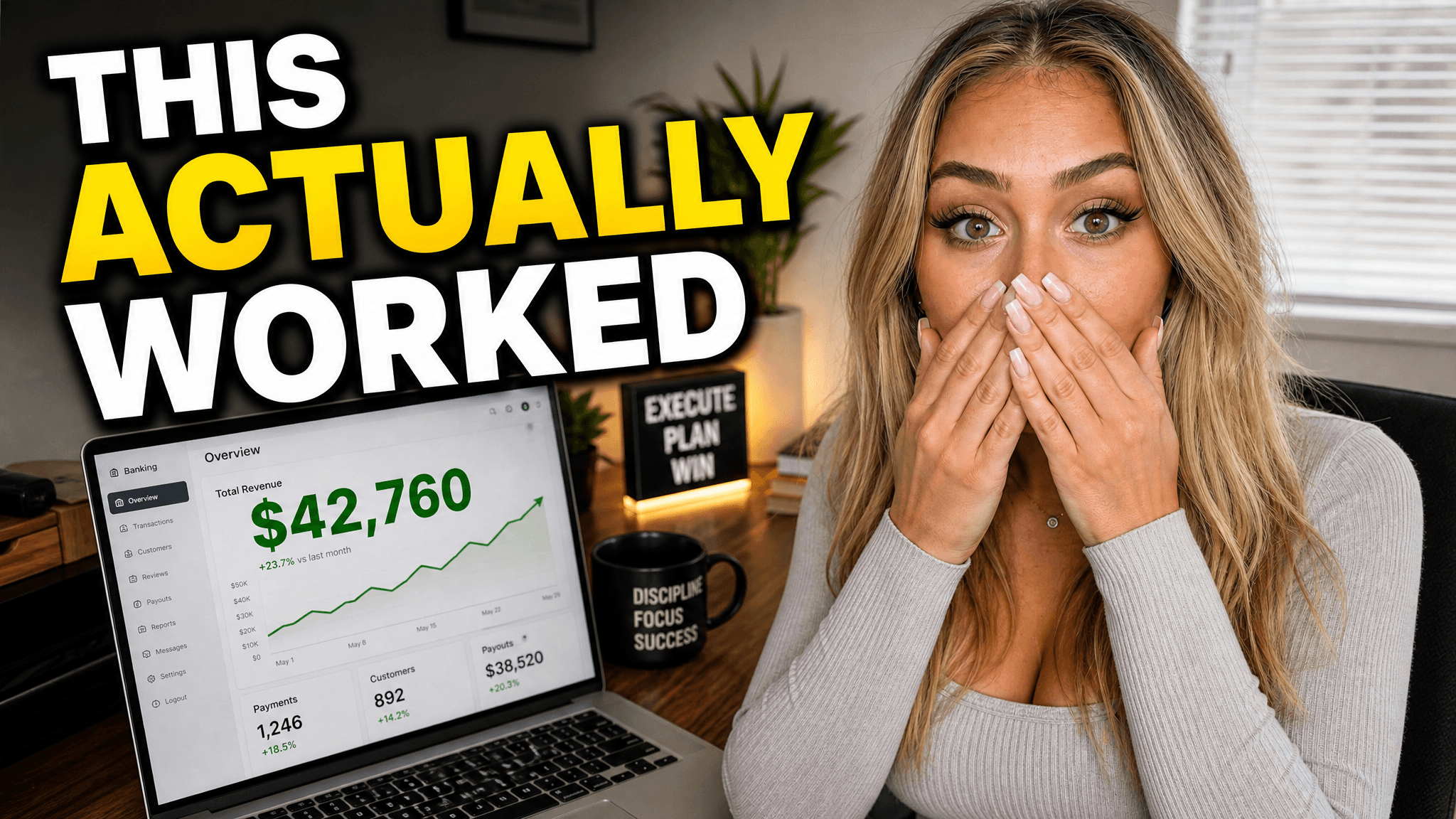 Business thumbnail with a surprised creator beside a laptop showing revenue and a rising chart